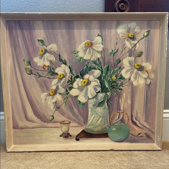 Vintage Floral Still Life Painting with White Flowers